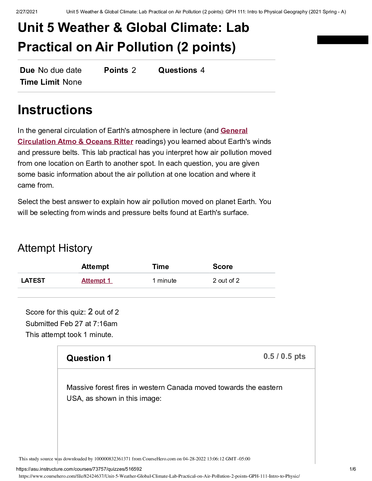 Preview of Unit 5 Weather & Global Climate: Lab Practical on Air Pollution (2 points): GPH 111: Intro